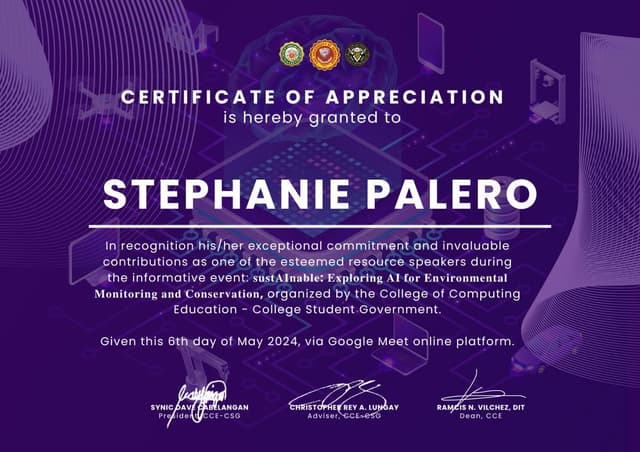 Certificate of Appreciation - Speaker for sustAInable: Exploring AI for Environmental Monitoring and Conservation image